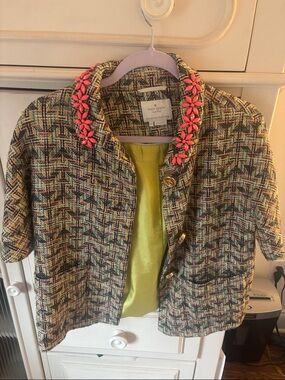 kate spade Multicolor Tweed Short Jacket with Pink Floral Embellished Collar